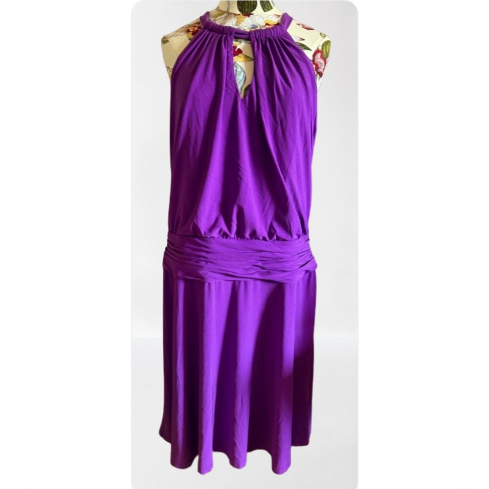 TUNIC HALTER DRESS PURPLE GODDESS SHEATH RESORT WEAR RUCHED DROP WAIST 12